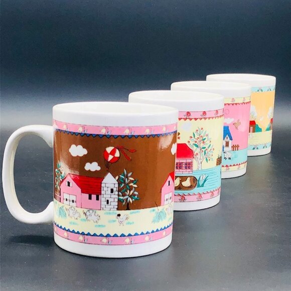 80s Country Cottage Stoneware Coffee Mugs Set of 4 Teachercore Drinkware - Picture 1 of 10